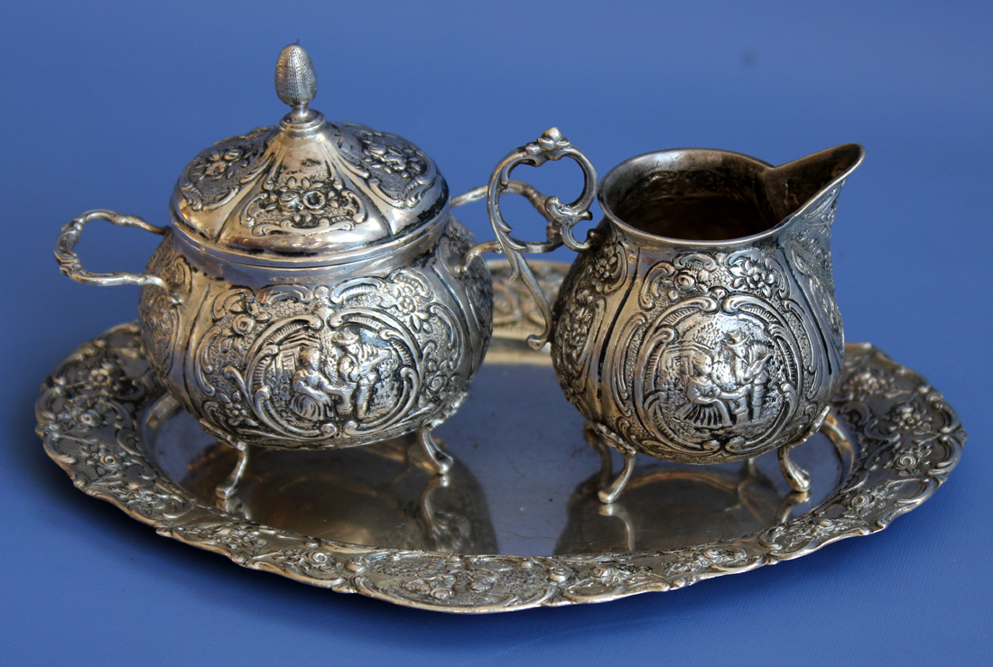 FINE ANTIQUE 800 SILVER Crescent & Crown GERMAN SET / Coffee & Tea